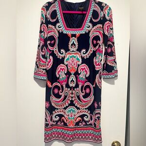 Laundry By Shelli Segal Navy Blue and Pink Paisley Print Dress Retro 60's Size 4